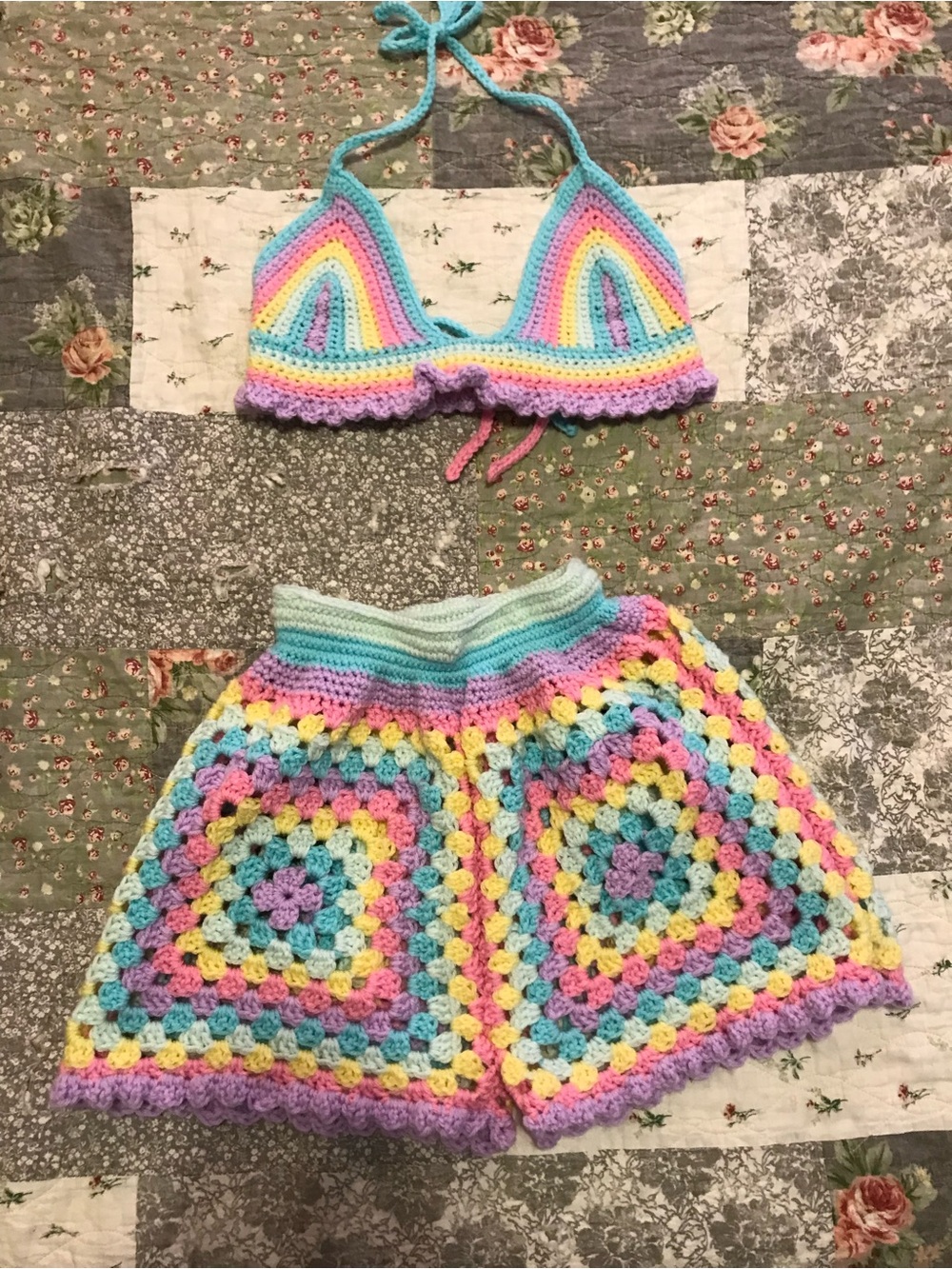 Pastel Crochet Two-Piece Shorts Set — Multicolor